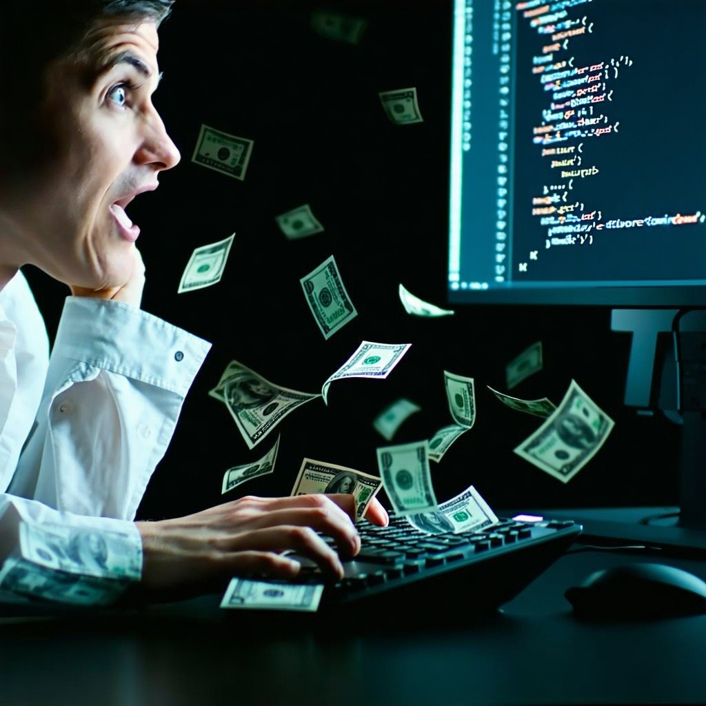 image of a person in front of a computer with code on the screen and dollars falling out of the bottom of the computer Netural light with the background being blurred out and the focus on the persons surprised expression on their face as the money fa